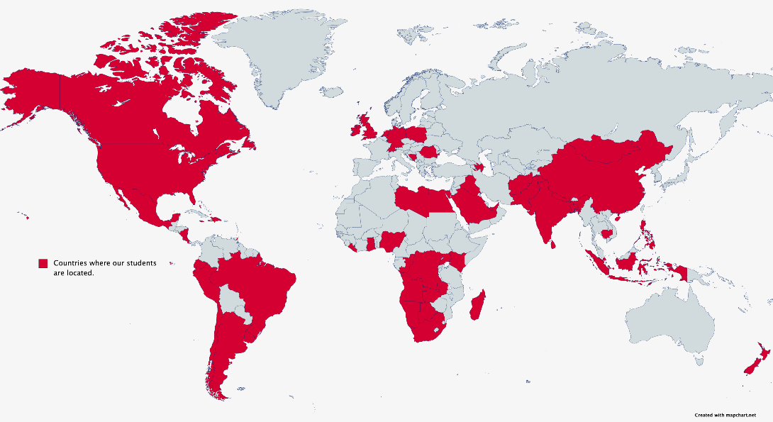 A map showing the approximately 60 nations where students in the program originate from.