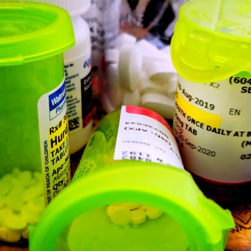 Bottles of pills and antibiotics.